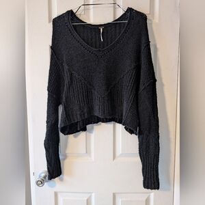 Free People Black V-Neck Knit Sweater